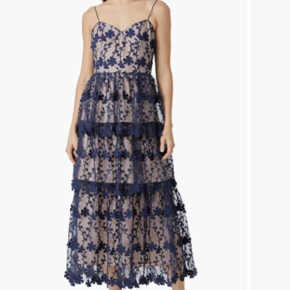 Anthropologie Endless Rose Floral Embroidered Navy Tiered Dress l Large - Picture 1 of 6